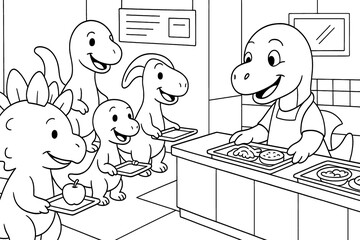 Dinosaurs standing in line at school cafeteria to get food, cartoon coloring page
