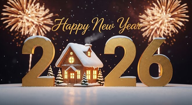 Golden New Year's Eve celebration with fireworks and a cozy snowy house, welcoming 2026 - Powered by Adobe