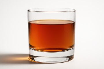 Premium single malt whiskey in a heavy crystal tumbler on pristine white background rich amber color clean studio lighting perfect product shot for connoisseurs