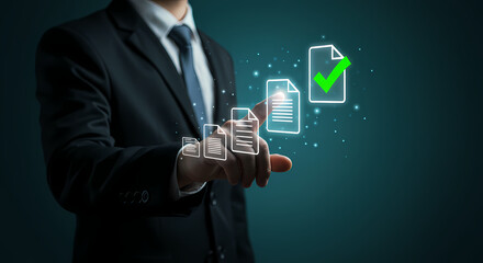A business professional interacts with digital document icons, symbolizing efficient data management, secure approval, and advanced technological solutions for modern workflow.