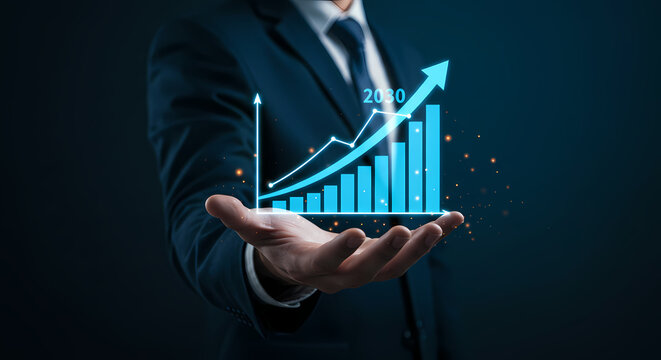 A professional businessman in a sharp suit presents a glowing blue digital bar graph illustrating significant financial growth and future success projections. - Powered by Adobe