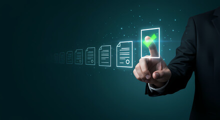 A businessman's hand selects a verified digital document on a futuristic screen, symbolizing efficient online approval, secure data management, and streamlined operations.