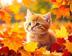 Adorable kitten surrounded by autumn leaves