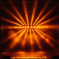 An explosive stage lighting setup with multiple spotlights illuminating a dark stage. The lights burst forth from a central point, radiating outwards like an explosion. mix of bright orange, red,fire