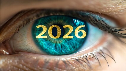 Human eye with year 2026 reflection symbolizing vision and future concept