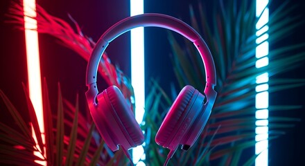 White Wireless Headphones with Palm Fronds Bathed in Vibrant Red and Blue Neon Tube Lights.