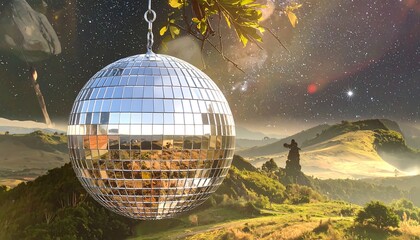Surreal Disco Ball Hanging in a Dreamy Cosmic Landscape.