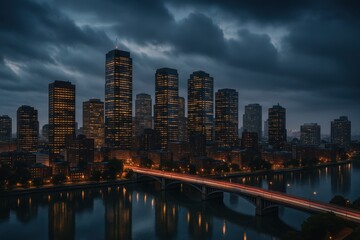 Naklejka premium Panoramic dusk city skyline with shimmering river reflections and glowing skyscraper windows under dramatic twilight clouds and vibrant blue hour