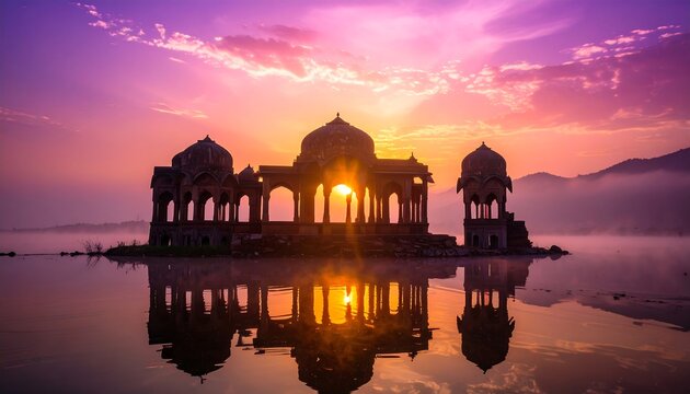 Silhouette of Sukh Mahal at Sunset - A Serene Reflection.