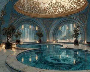 Obraz premium Tranquil Luxury Spa with Elegant Architecture and Calm Water Features