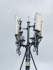 Telecommunication tower of 4G and 5G cellular. Cell Site Base Station. Wireless Communication Antenna Transmitter. Telecommunication tower with antennas.