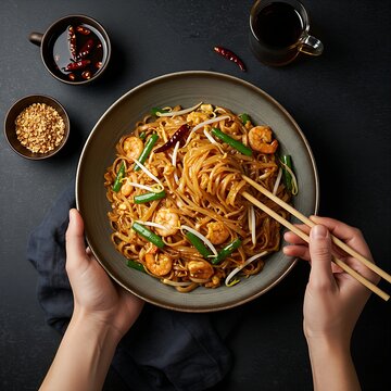 a large bowl of Pad See Ew with a hand holding a pair of chopsticks and mixing the wide rice noodles. 