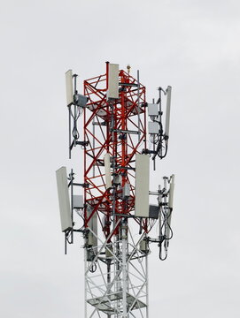 Telecommunication tower of 4G and 5G cellular. Cell Site Base Station. Wireless Communication Antenna Transmitter. Telecommunication tower with antennas.
