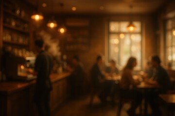 Warm bokeh cafe interior with softly blurred patrons and barista cozy coffeehouse ambiance and copy space for menu designs and social media backdrops