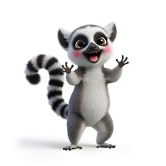 Obraz premium Adorable cartoon lemur waving hello with a joyful expression on a clean white background creating happy vibes