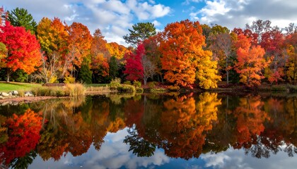 Vivid autumn trees, vibrant foliage of red, orange, and yellow, reflecting in calm lake water under a partly cloudy blue sky