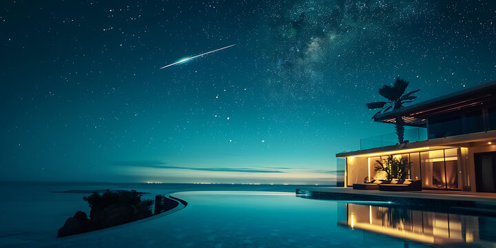 Luxurious modern home with infinity pool under a starry night sky with a meteor shower.