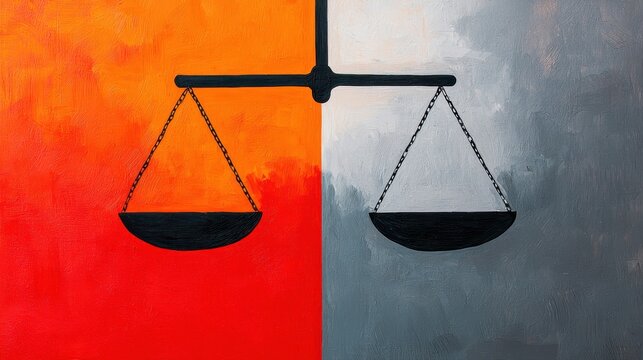 A stylized depiction of a balance scale, symbolizing justice, divided by contrasting colors of orange and gray.