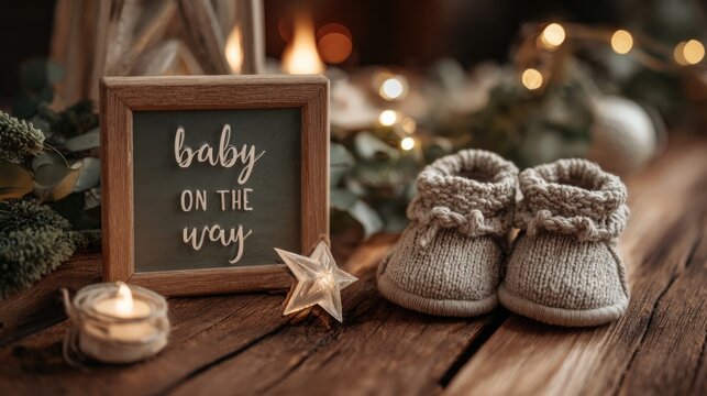 Expecting Moments: A heartwarming scene of anticipation unfolds with a tiny pair of knitted baby booties next to a sign reading baby on the way, framed by twinkling lights and candles. Generative Ai