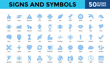 Signs and Symbols icons set with flame, wave, mountain, tree, flower, leaf, plant, animal, bird, fish icon. Simple retro vector illustration 
