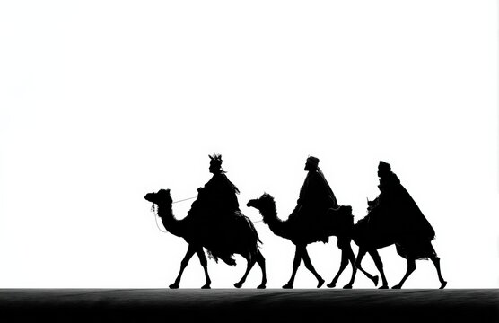 Silhouette of the Wise Men: A striking black and white silhouette captures the iconic image of three figures riding camels, evoking a sense of mystery and ancient journey.