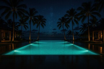 Moonlit infinity pool at a luxury tropical villa with palm silhouettes turquoise underwater lights and a calm ocean horizon under stars