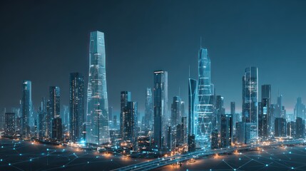 Fototapeta premium Futuristic Modern City Skyline at Night with Tall Glass Buildings and Illuminated Streets