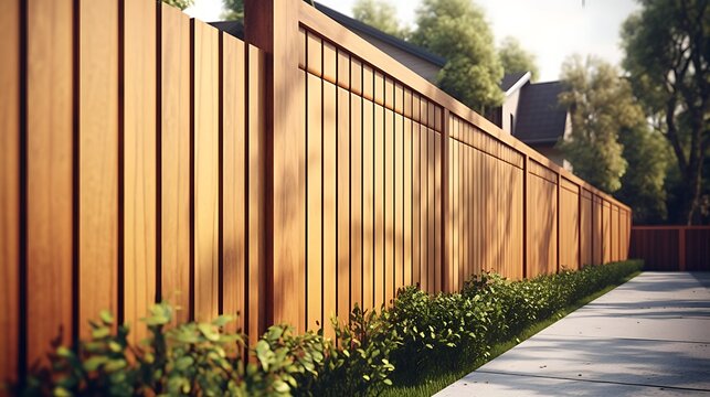 Sun-drenched wooden privacy fence, adorned with lush greenery, defining property boundary line