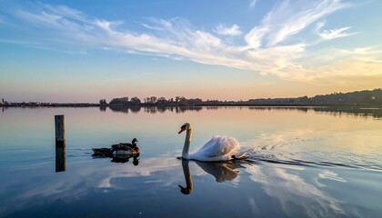 Swans and ducks on a serene lake at sunset