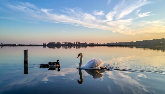 Swans and ducks on a serene lake at sunset - Powered by Adobe