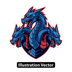 Powerful three-headed blue dragon mascot design, ferocious mythological beast illustration for gaming or branding