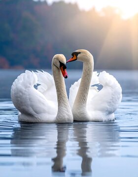 Swans in love on tranquil water