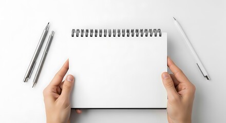 Blank spiral notebook held by hands, perfect for sketches or writing ideas