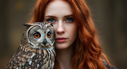 Young Woman with Bright Red Hair and Blue Eyes Holding an Owl in Nature