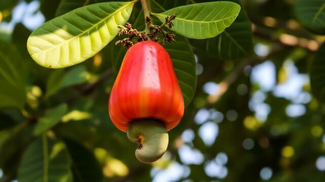 Ripe cashew fruit hanging from a tree branch in natural light.