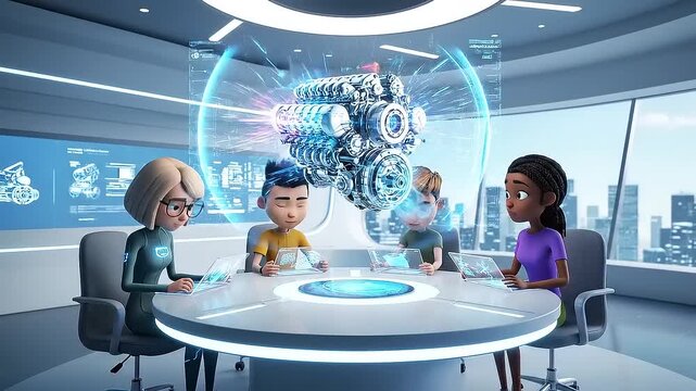Kids Exploring 3D Engine Model with Futuristic Technology