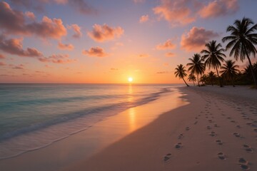 Dreamy tropical sunset over tranquil ocean with palm silhouettes glowing horizon pastel clouds and golden light perfect for summer travel inspiration