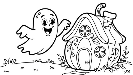 Naklejka premium A cute ghost flying near a pumpkin house with a chimney coloring page for children and halloween theme .