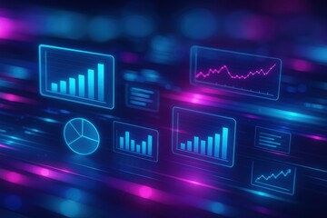 Futuristic corporate strategy interface with motion trails holographic charts and neon analytics conveying growth innovation and advantage