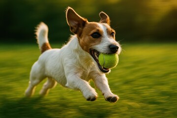 Joyful jack russell terrier sprinting across a green field returning a tennis ball mid stride ears flying energetic pet action captured with bright natural sunlight