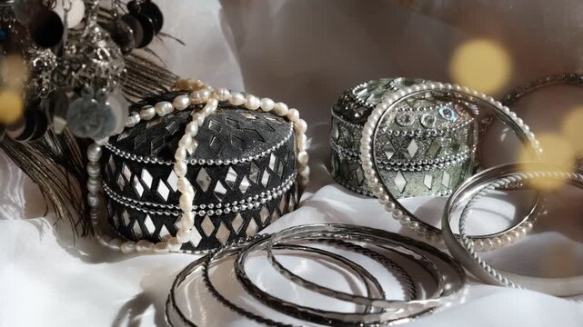 Souvenirs, earrings, bangles, jewelry box. Katra main market of Jammu India
