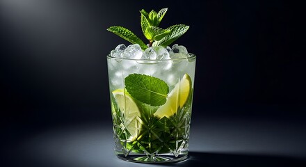 Refreshing classic mojito cocktail with fresh mint, lime wedges, and crushed ice in an elegant crystal glass against a dark, moody background.