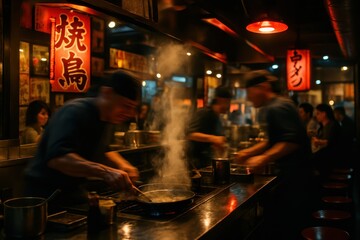 Vibrant Japanese izakaya kitchen with chefs in motion blur steam and neon signs energetic night service dynamic candid atmosphere with depth and bokeh