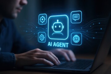 Fototapeta premium AI automatic task system. Futuristic AI agent interface over a laptop with hands typing, showcasing technology and innovation.