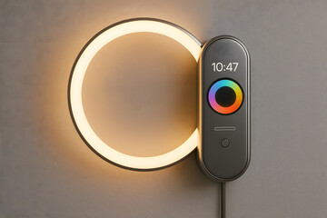 Modern Luminary: A sleek, contemporary wall-mounted light fixture illuminates a minimalist space, featuring a circular design with integrated controls and color spectrum