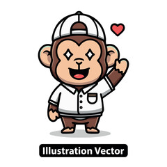 Adorable cartoon monkey character in a backward cap, happily waving with a sparkling smile, vector illustration