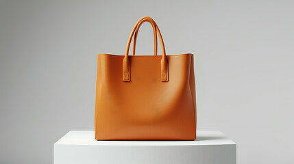 Elegant tan leather tote bag displayed on a white pedestal against a soft gray background