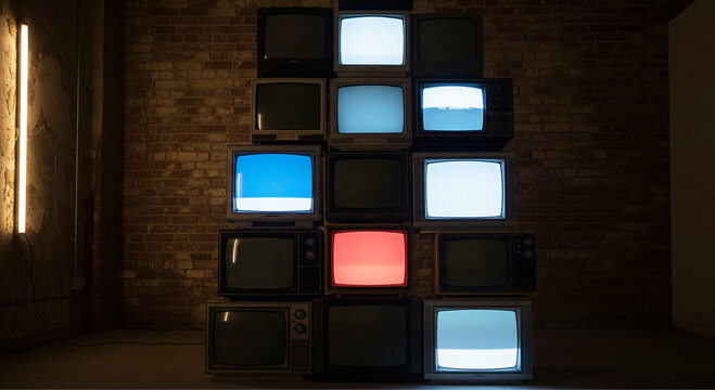 Static Memories, Vintage TVs stacked in grid—retro tech meets modern expression. - Powered by Adobe