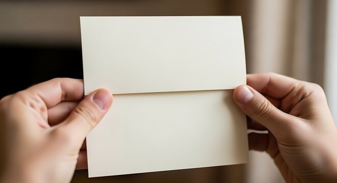 Hands holding a blank greeting card, ready for personal message