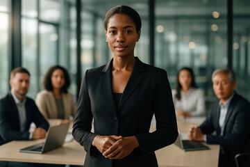 Confident African heritage executive leading dynamic team huddle in glass walled modern office with sunlight reflections collaborative leadership concept